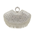 Detail of silver rhinestone evening bag featuring fringe tassels and a ring handle - Silver