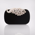 Detail of peacock velvet evening clutch with sparkling crystals and gold frame - Black (White Diamonds)