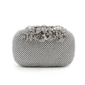 Macro shot of silver evening clutch with leaf-shaped clasp and full rhinestone surface - Silver