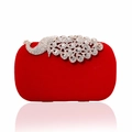Elegant red velvet evening clutch bag featuring a silver peacock diamond-encrusted design - Red (White Diamonds)