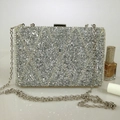 Macro view of silver crystal rhinestone evening clutch with geometric diamond pattern texture - Silver