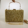Elegant gold sequined mermaid evening clutch bag with round metal handle and chain strap - Gold