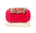 Detail of red velvet evening bag featuring gold leaf metalwork and colorful crystals - Rose Red