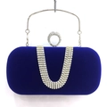 Royal blue velvet evening clutch bag with U-shaped crystal trim and metal ring handle - Royal Blue