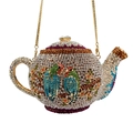 Close-up of crystal teapot clutch featuring colorful parrot and floral rhinestone motifs - Gold Multicolor