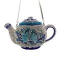 Detail of crystal-encrusted teapot clutch bag with floral rhinestone patterns and chain - Silver & Blue