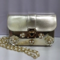 Borsa a tracolla in pelle PU dorata con fiori di perle vintage e catenella - Catena di Perle Dorate