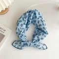 Light blue floral cotton linen square scarf with black leaf pattern and navy blue edges - Transparent Leaf Blue (6B)