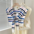 Striped knit shawl wrap for women over a dress in a bright, sunlit room setup - 44X100CM / Blue Striped