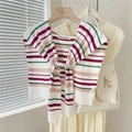 Detailed close-up of striped knit shawl with purple pink and green stripes on white fabric - 44X100CM / Rose Purple Stripes