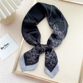 Elegant black and white printed silk scarf with floral line art and satin finish - Architectural Line Black