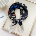Elegant black silk-feel square scarf with blue and orange leaf butterfly floral prints - Butterfly & Flower Black