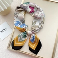 Elegant silk scarf with pink butterfly and floral print in satin finish on gold board - Butterfly & Flower Beige