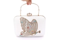 Weiße Braut-Clutch mit großem Kristallschmetterling und goldenem Rundgriffring - Weiß