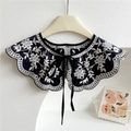 Elegant black embroidered lace fake collar with white floral patterns and tie-up ribbon - 2 Sunflower Leaves Black