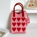 Detailed knit shoulder bag featuring red heart patterns and soft red circular handles - 11*25cm / Pink Background Red Heart