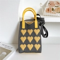 Detailed knit texture of grey mini bag with yellow hearts and round top handle - 11*25cm / Gray With Yellow Heart