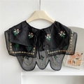 Detailed view of black sheer lace collar featuring colorful floral embroidery and bow tie - 6-Piece Embroidered Black Set