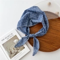 Blue floral cotton linen triangle scarf with white lace trim for sun protection - Blue
