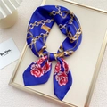Square silk scarf with royal blue background, golden chain print, and red rose patterns - Rose Gold Chain Dark Blue