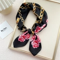 Elegant silk scarf with golden chain and red rose floral pattern on black background - Rose Gold Chain Black
