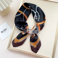 Elegant black satin square scarf with orange equestrian chain and horsebit print - Equestrian Chain Black