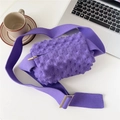 Detailed close-up of purple knit popcorn texture crossbody bag with gold zipper and wide strap - Purple