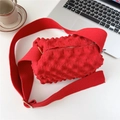 Detail of red bubble texture fabric bag with wide shoulder strap in life scene - Red