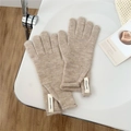 Close-up of oatmeal knitted gloves with premium wool texture and woven brand label - One Size / Beige Coffee