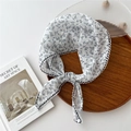 Floral cotton linen head scarf in white and blue with delicate lace trim detail - Off White