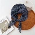 Navy blue floral cotton linen neckerchief with white lace trim for women summer sun protection - Navy Blue