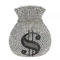 Macro shot of luxury money pouch clutch bag featuring crystal rhinestones and dollar sign - Silver