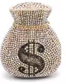Detail of money bag clutch featuring sparkling AB crystal rhinestones and dollar sign - Gold AB