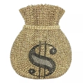 Detail of money pouch evening clutch with gold rhinestones and dollar sign pattern - All Gold