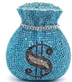 Macro shot of lake blue money bag clutch bag with crystal rhinestones and dollar sign - Lake Blue