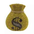 Detailed view of money bag clutch featuring gold crystals and a dollar sign motif - Yellow