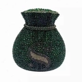 Macro shot of green rhinestone money bag clutch with silver crystal dollar sign detail - Dark Green