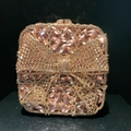 Detailed view of champagne gold evening clutch with crystal bow and shimmering diamonds - Champagne