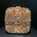 Macro detail of luxury champagne gold rhinestone clutch bag with a bow-shaped diamond design - Gold Yellow