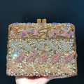 Luxurious gold hollow leaf clutch bag with colorful rhinestones for evening gala party - Gold Pink Multi
