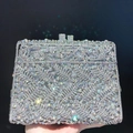 Bolso de noche trapezoidal con pedrería, diseño de hojas y cierre metálico - Plata Holográfica