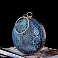 Elegante borsa rotonda ricamata con piume di pavone e manico in strass blu e oro - Blu