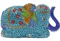 Detailed view of the elephant-shaped evening clutch with blue and red crystal floral patterns - Blue Gradient