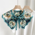 Floral print fake collar in teal and white with bow tie closure and scalloped edges - 5F Butterfly Collar - Gold Thread Pattern