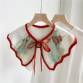 Elegant Chinese landscape print shawl scarf with red bow tie and landscape motifs - 6F Butterfly Collar - Mountain River Palace