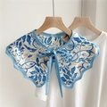 Floral print decorative fake collar shawl with blue piping and front tie for women - 7F Butterfly Collar - Blue Leaf