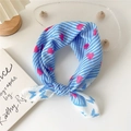 Blue striped cotton linen scarf with pink hearts and butterfly motifs in Korean style - Striped Heart Butterfly Blue