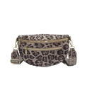 Stylish leopard print crossbody bag with golden zippers and wide woven strap - Khaki