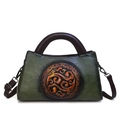 Sac à main vintage en cuir vert foncé avec motif dragon gaufré et anses marron - Vert