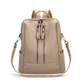 Khaki soft leather women backpack with litchi texture and dual front vertical zippers - Khaki